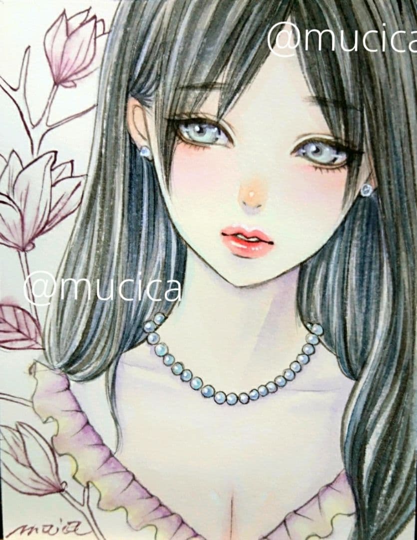 ポストカード プリントオリジナルイラスト《 木蓮 》水彩画 女の子 美人画
