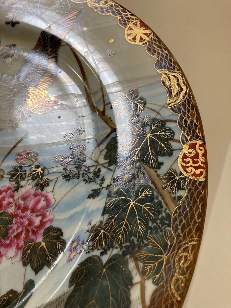 明治手描き夫婦雁と牡丹大皿2枚縁起時代〈検 横濱焼隅田焼眞葛焼