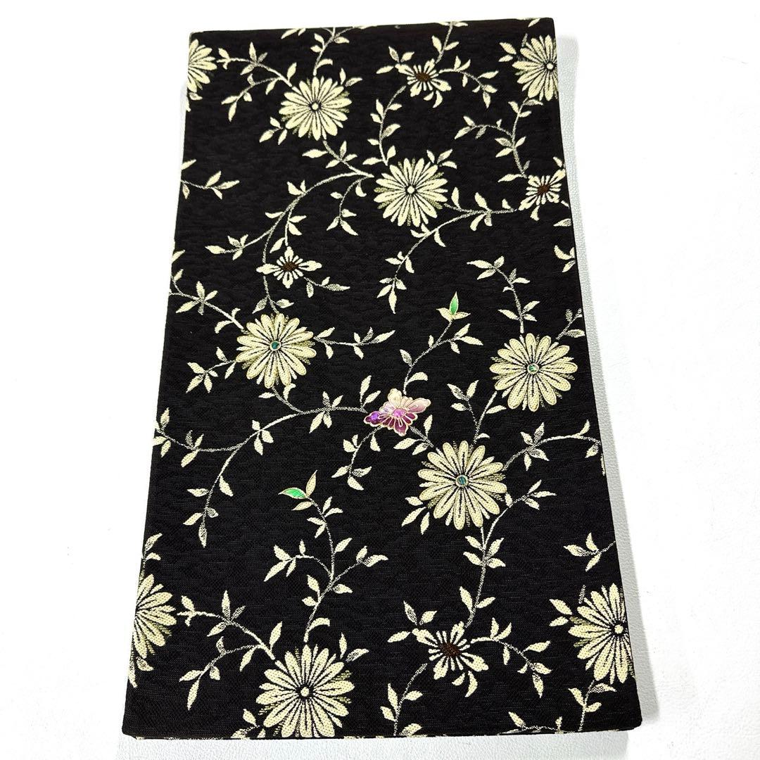 帯6570 ○螺鈿作家 藤本隆士 螺鈿 柿渋染 高級 正絹 落款 六通 袋帯