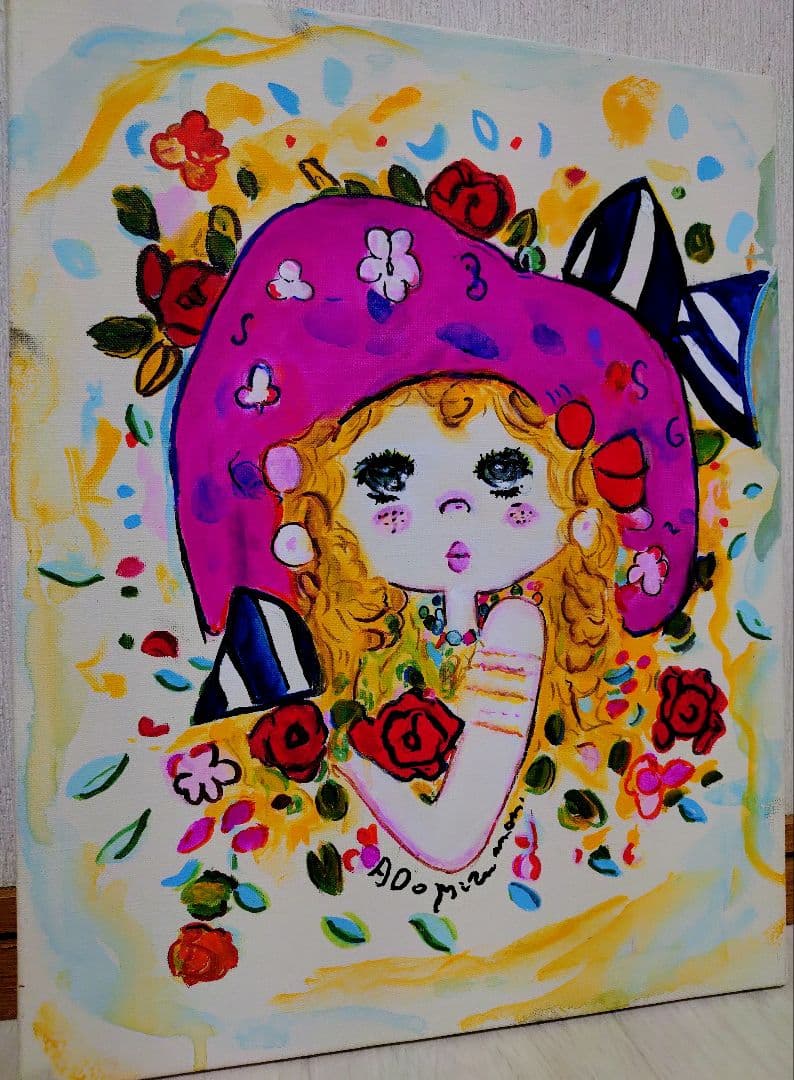 F6号】水森亜土 手描き作品/表裏サイン・裏描き有/油彩/アクリル/額縁