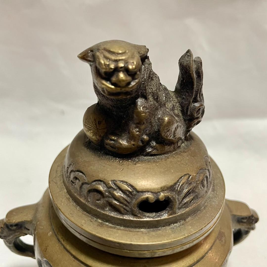 香炉 銅製 三足 鳥花鳥文 仏具 茶道具 置物 アンティーク 獅子蓋 骨董