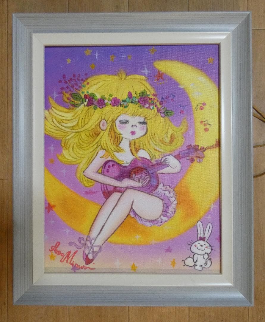 メル95309　油絵　額付き　水森亜土　 F6 【　人物　】手描き F6号】水森亜土 手描き作品/表裏サイン・裏描き有/油彩/アクリル/額縁