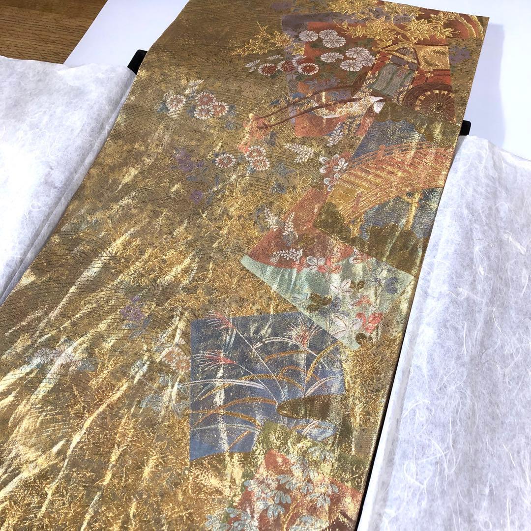 西陣織＊となみ織物 純金 純金箔 金通 袋帯 王朝の雅 証明書あり