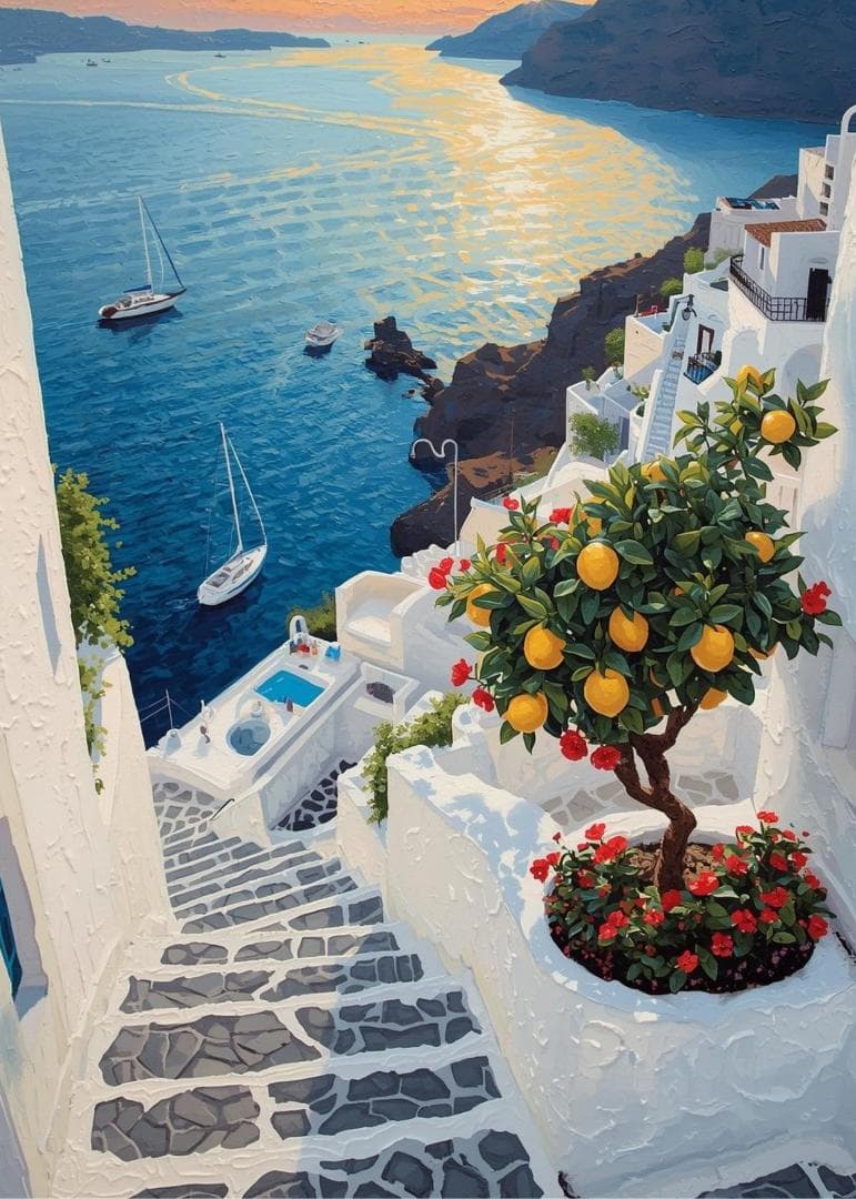 1791 地中海の絶景！サントリーニ島風の白い街並みと青い海レモン油絵