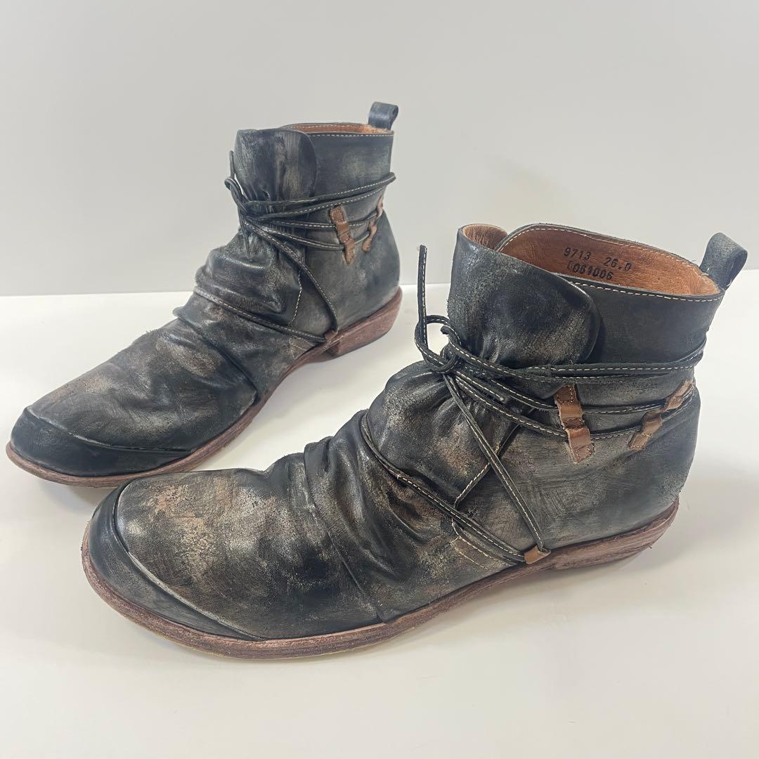 whoop'EE' whoop-de-doo ダメージ加工 黒 レザーブーツ whoop-de-doo（フープディドゥ） ブーツ ドレープレースアップブーツ