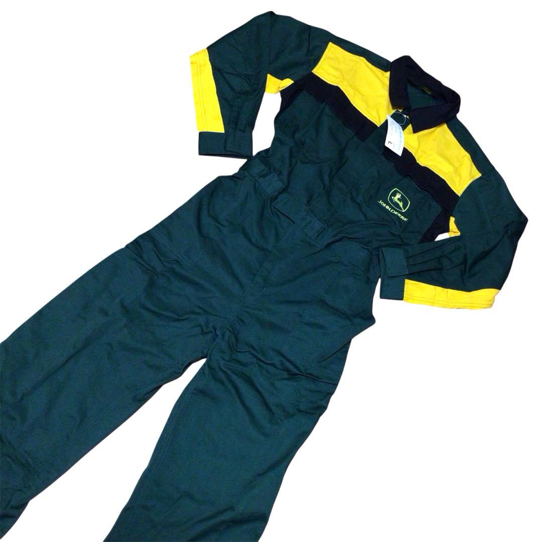 新品 JOHN DEERE つなぎ オールインワン 刺繍 作業着 緑黄 L ジョンディア つなぎ 作業着 ツナギ 作業服 農作業 整備士