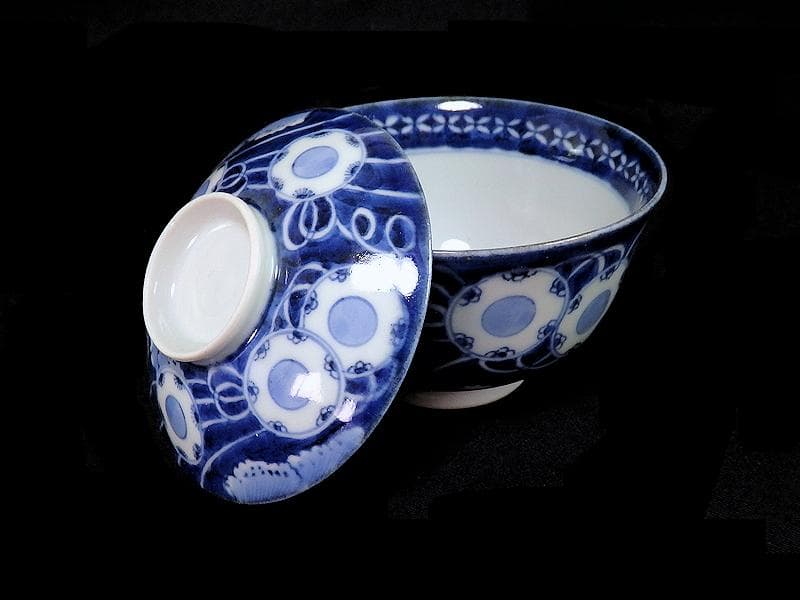 古伊万里 染付 鼓に調緒の図 蓋茶碗 江戸期 E213AS-CHl