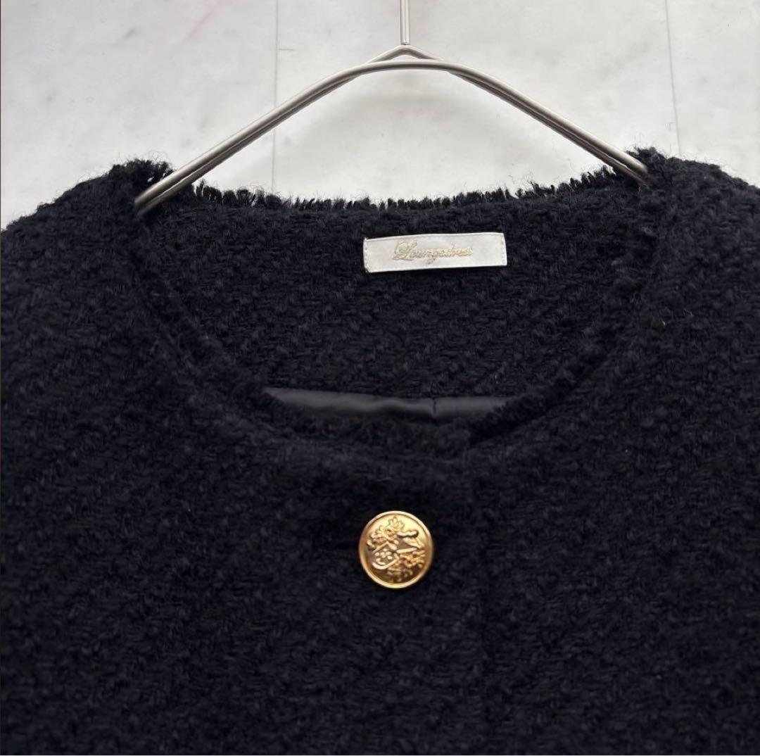 ラウンジドレス 金ボタン ノーカラー ツイードジャケット 黒 ブラック