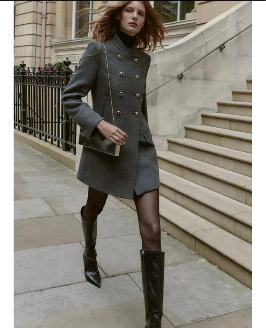 最終価格未使用★ZARAウールダブルブレストコート★M★グレー色★完売商品 新品 ZARA ウールブレンドダブルブレストコート ベルトとループ付き M