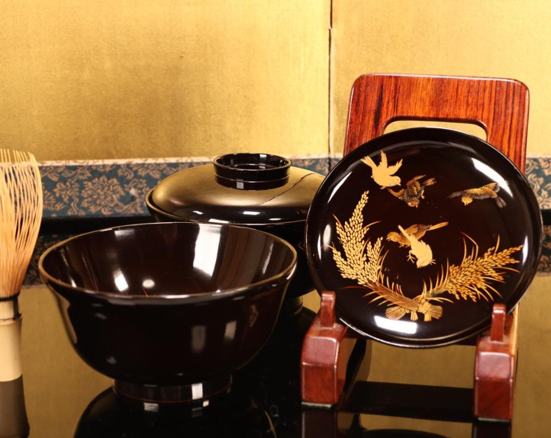 BK408 時代輪島塗 稲穂雀図金蒔絵 吸物椀 二客 木製 茶道具 懐石 会席