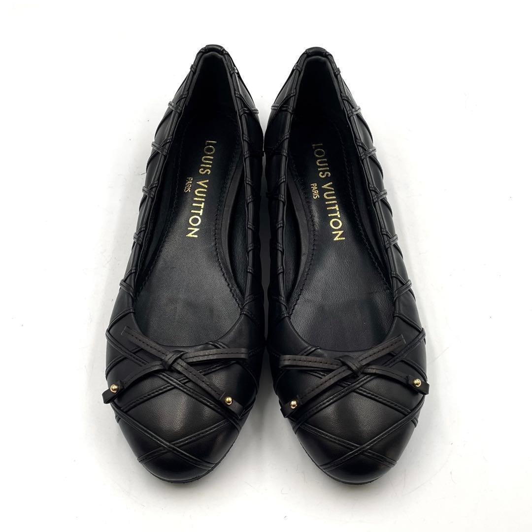《未使用級》ルイヴィトン フラット リボン パンプス レザー 黒系 36 1/2