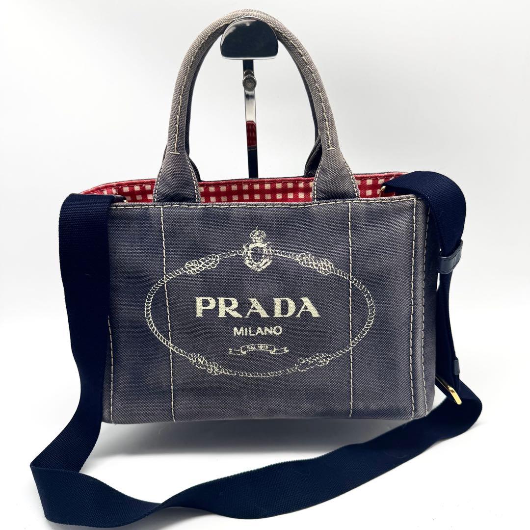 プラダ 2way ハンドバッグ カナパS ギンガムチェック キャンバス