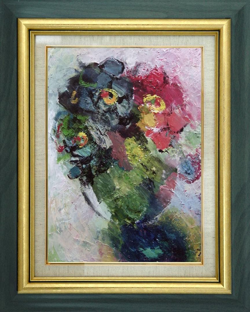 油絵 菅家令子 絵 絵画インテリア 額付(青緑＋金色の枠)uF6-111302花 油絵 菅家令子 絵 絵画インテリア 額付(青緑＋金色の枠)uF6-113302花