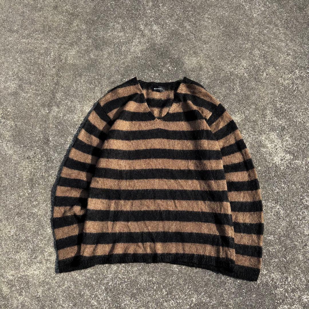 90s モヘアニット ボーダー パンク グランジ archive Y2K 美品】Y2K 古着 モヘア風 シャギー ニット ボーダー ブルー グランジ