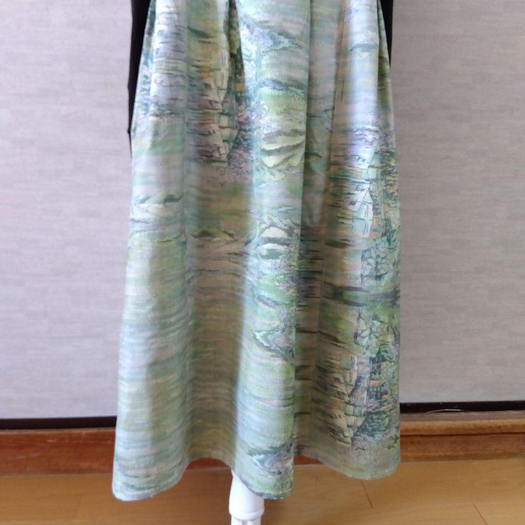 2026J014 着物リメイク 淡いグリーン系の大島紬 ジャンパースカート