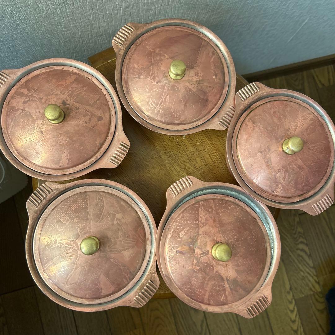 銅製 丸型鍋 5個セット 蓋付き 14センチ
