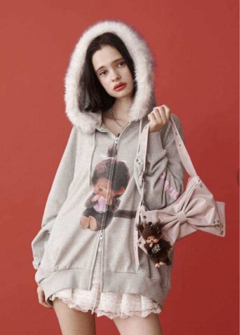 jouetieモンチッチ フード付きパーカー　Mサイズ monchhichi×jouetie】ファードッキングZIPフーディ ブラック