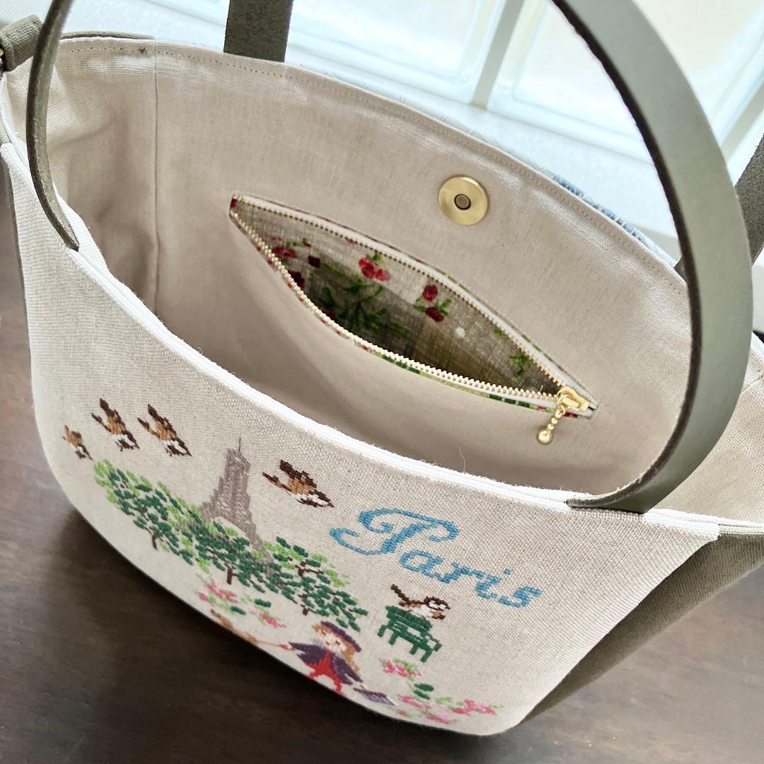 クロスステッチ❤︎本革持ち手トートバッグ サモイロフ ハンドメイド