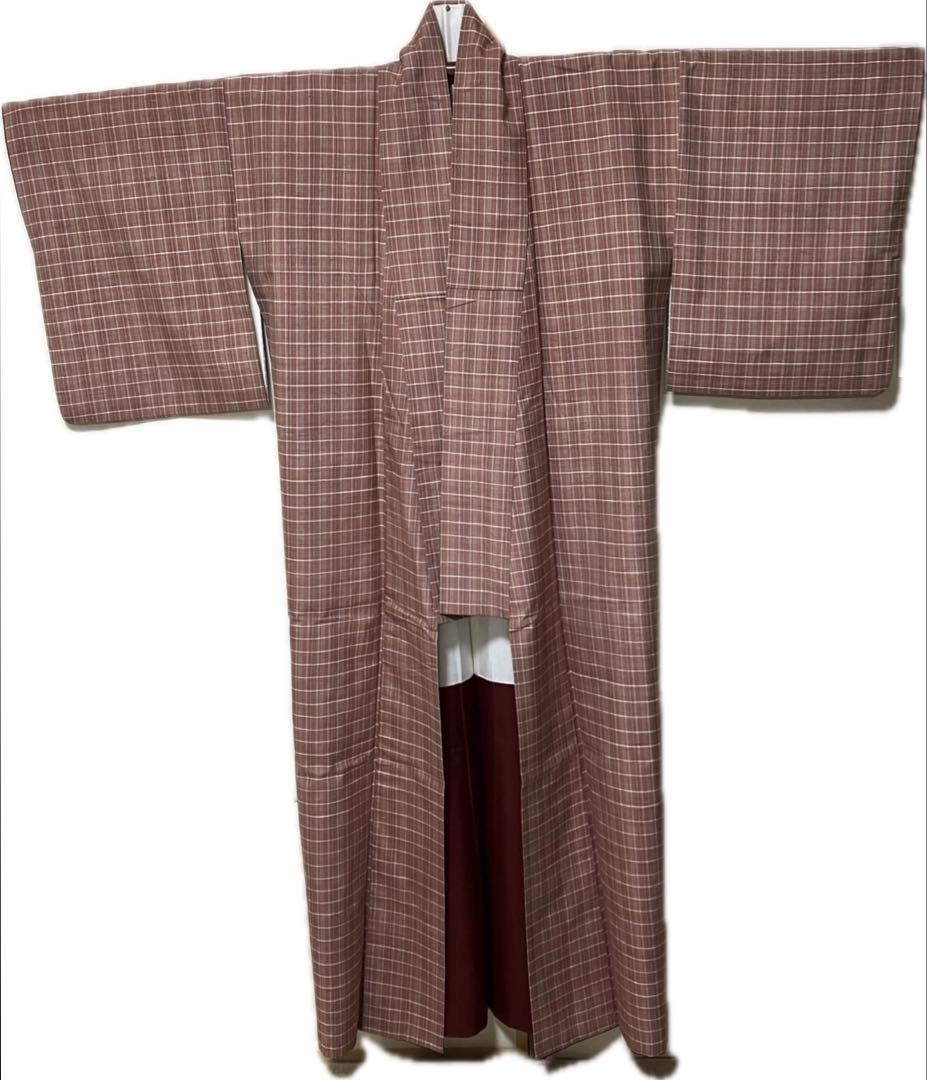 紬 袷 正絹 格子柄 ピンク 赤 茶 ゆったり - メルカリ