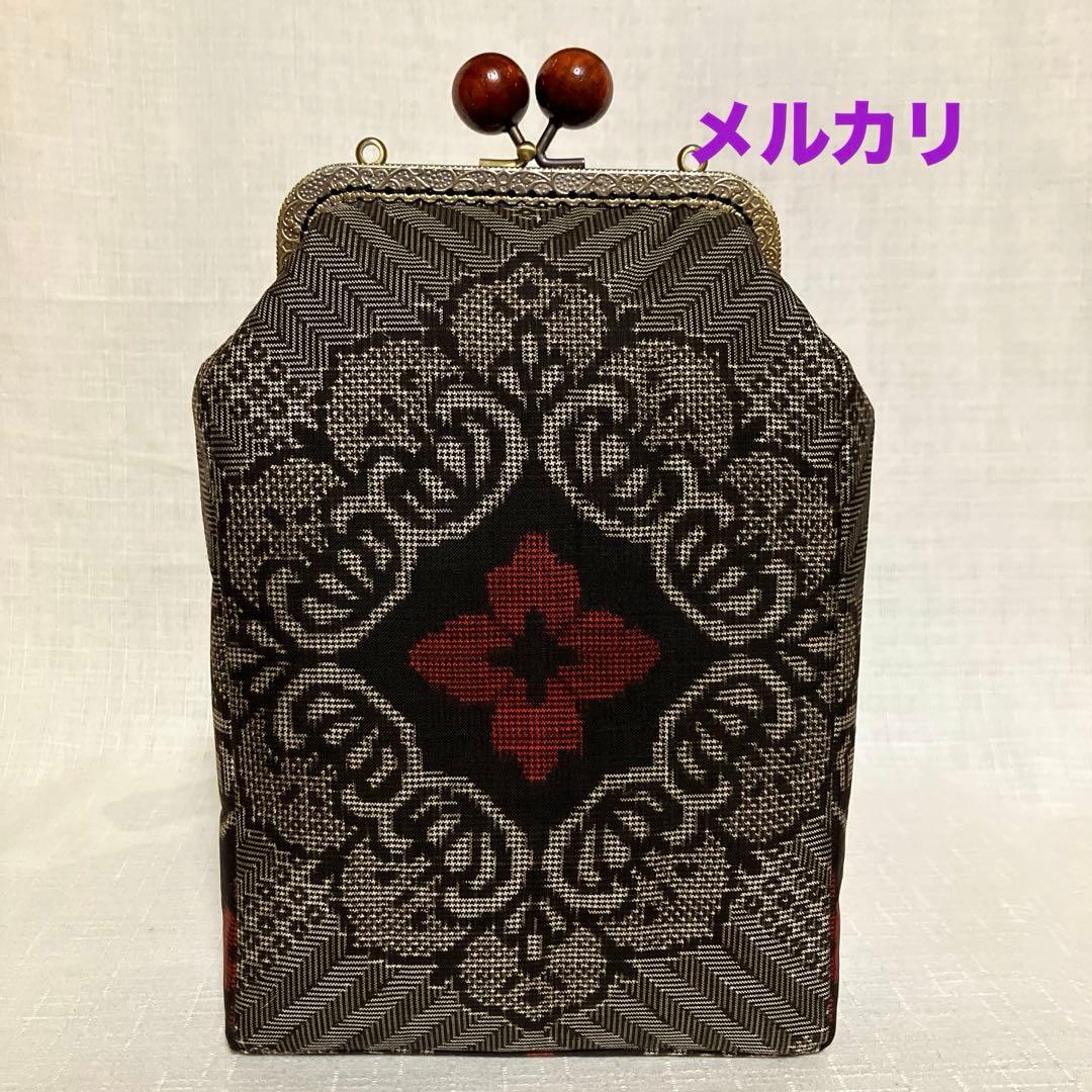 泥大島紬龍郷 秋名バラ8玉 がま口スマホショルダーバッグ