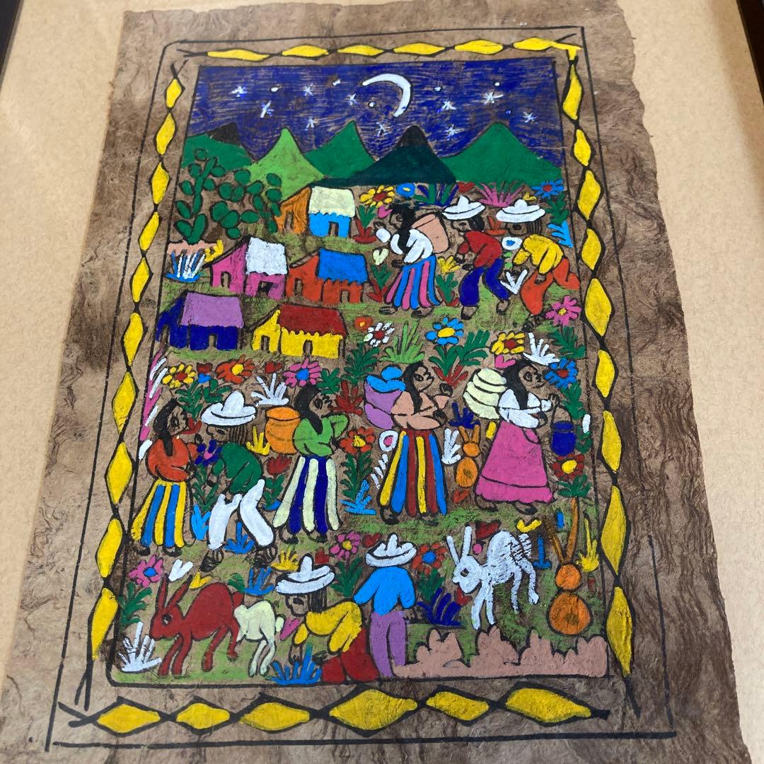メキシコ 木の皮 お祝い 伝統アート 手書き 絵画 額付 - メルカリ
