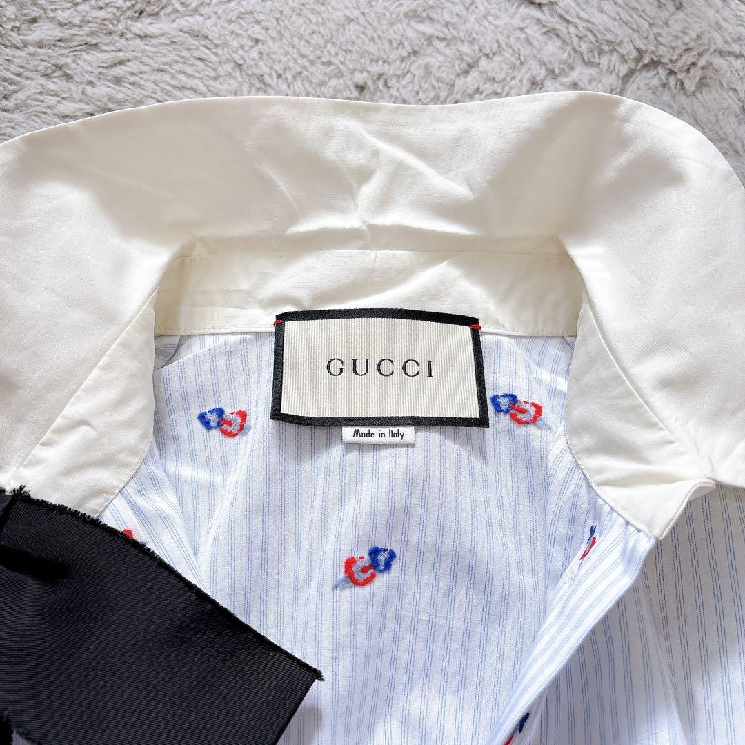 美品✨GUCCI ハート刺繍 リボン ブラウス シャツ ロゴボタン