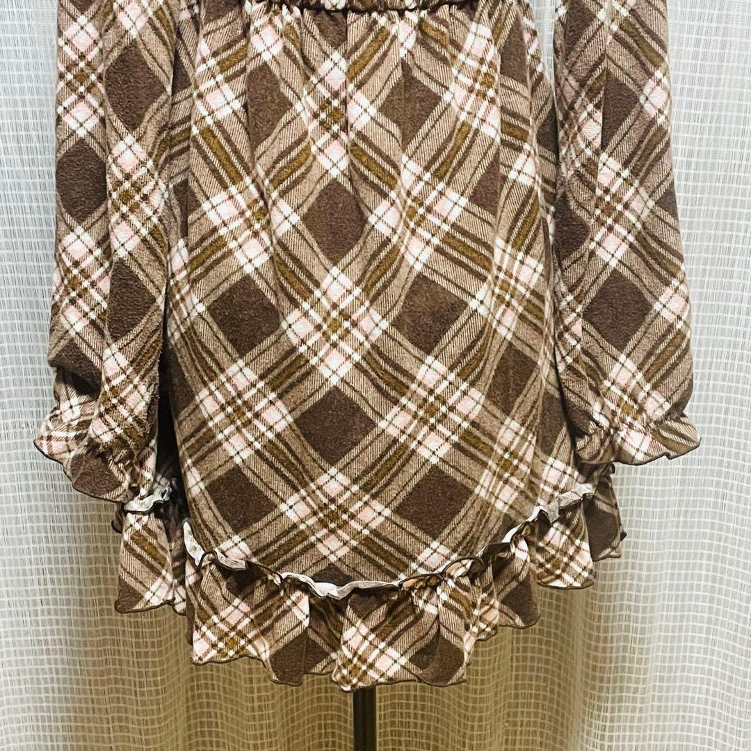 00s 希少 LIZLISA✨（リズリサ）茶色チェック オフショルワンピース