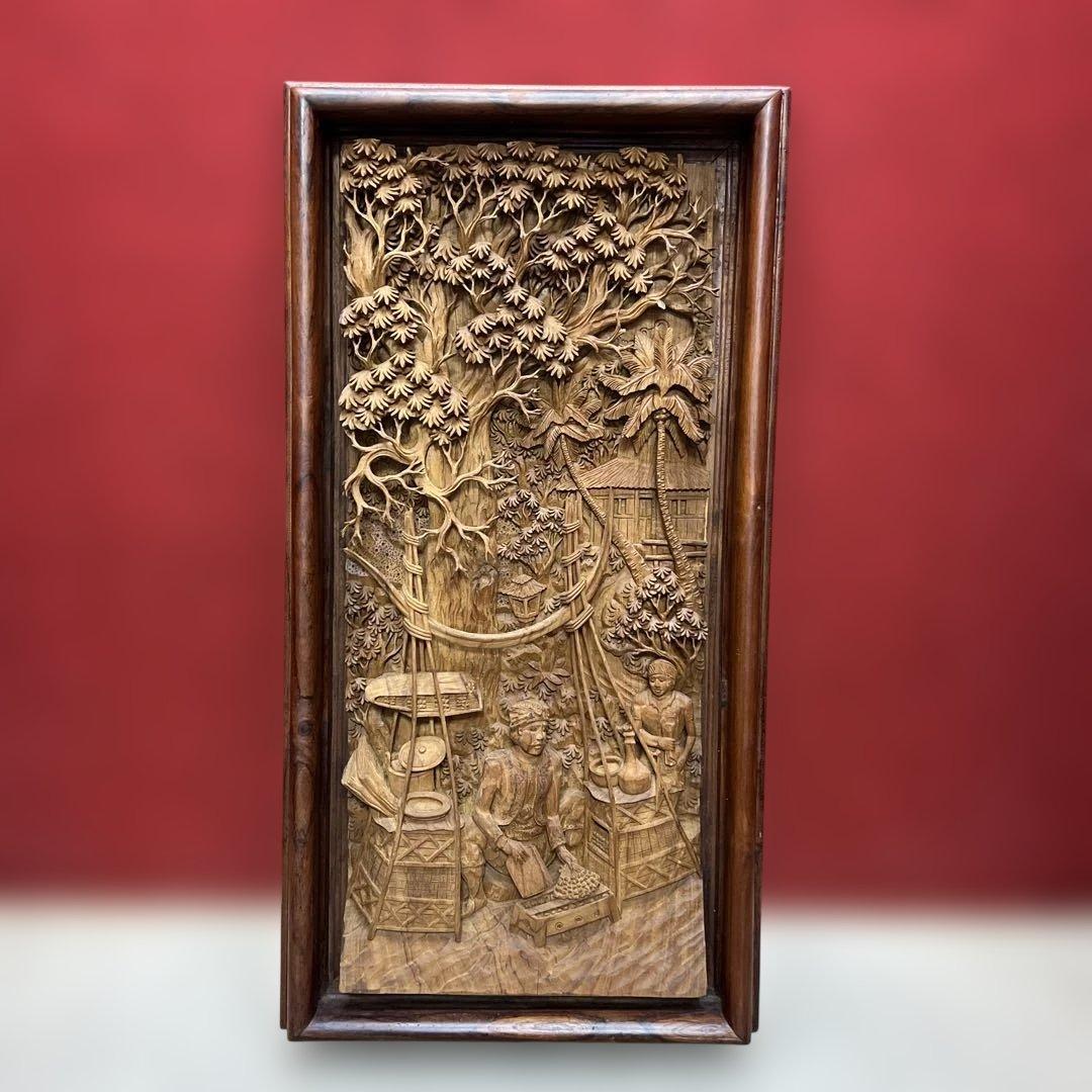 時代　木彫　浮き彫りの額A 約95×49.5㎝　東さ8-0131① 楓縮杢】正統派彫刻表札『浮き彫り』｜井波彫刻｜藤井碧峰×山﨑新介