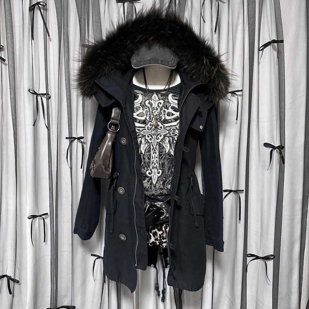 平成ギャル y2k ファー付き モッズコート 黒 アウター フェアリー