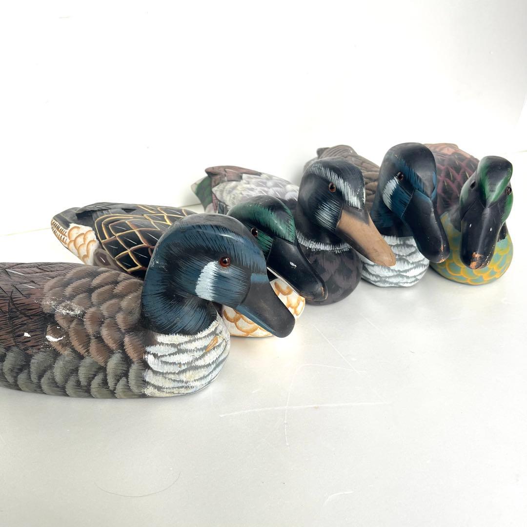 アンティーク　鴨　デコイ　置物　5体セット 木彫り 鴨 デコイ 5個セット 置物 オブジェ インテリア カモ｜Yahoo