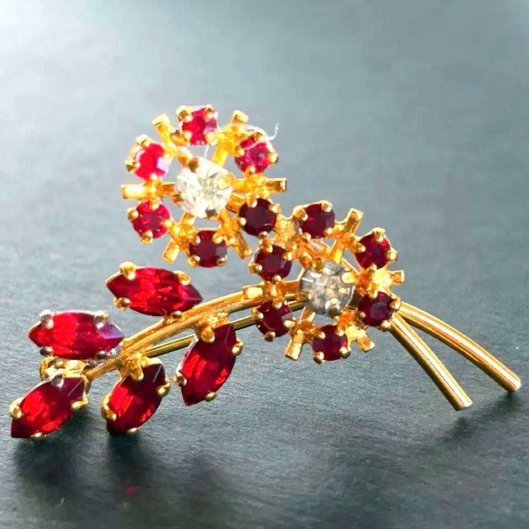 ビンテージブローチ 赤ラインストーン 昭和 レトロ アンティーク 花束