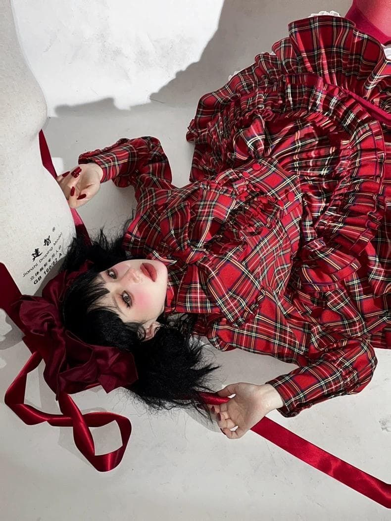 即納」CATCOCOONクラシカルドール 長袖 セットアップ 赤チェック