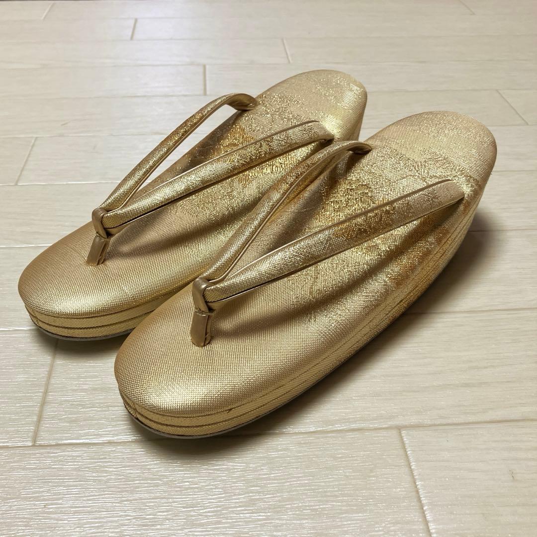 《未使用》佐賀錦　草履バッグセット　東京芝山　正絹　ゴールド　金糸