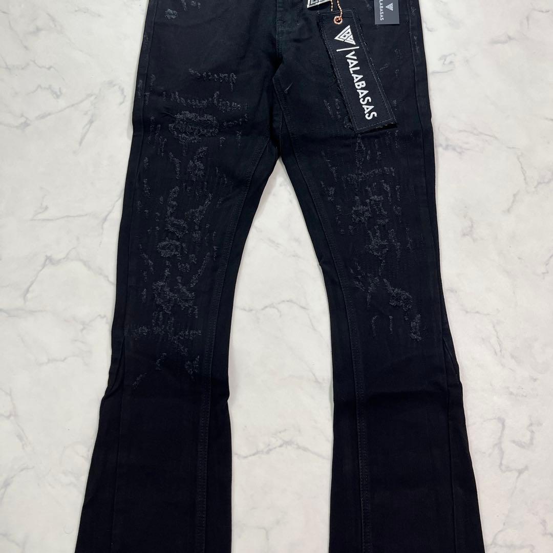 新品バラバサスvalabasas スキニーフレアデニム ブラック ダメージ 30