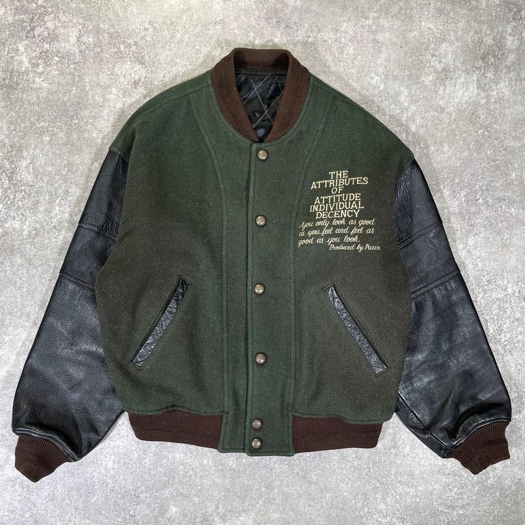 90s PAZZO CLUB スタジャン　袖レザー　刺繍　L相当　グリーン　黒 PAZZO - 【人気】PAZZO CLUB パッゾ スタジャン 刺繍 牛革レザー バイ
