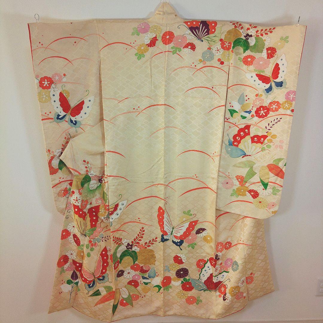 格安！ 振袖フルセット 8点 成人式 結婚式 前撮り 蝶々 クリーム色