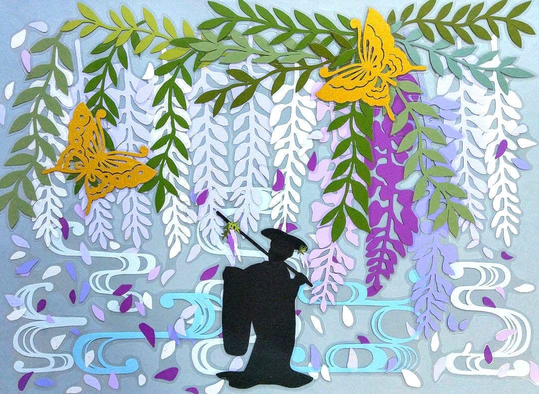 5月 壁面飾り】切り絵『満開の藤～日舞 藤娘 』藤の花・日本舞踊・蝶々