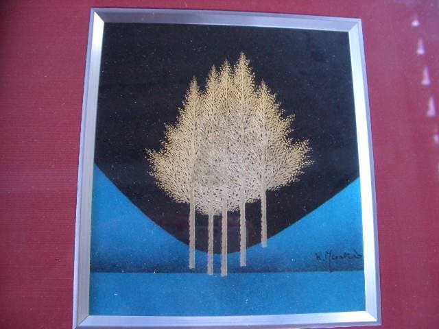 輪島塗 吠木正樹作 「木立」 漆芸額 沈金/189