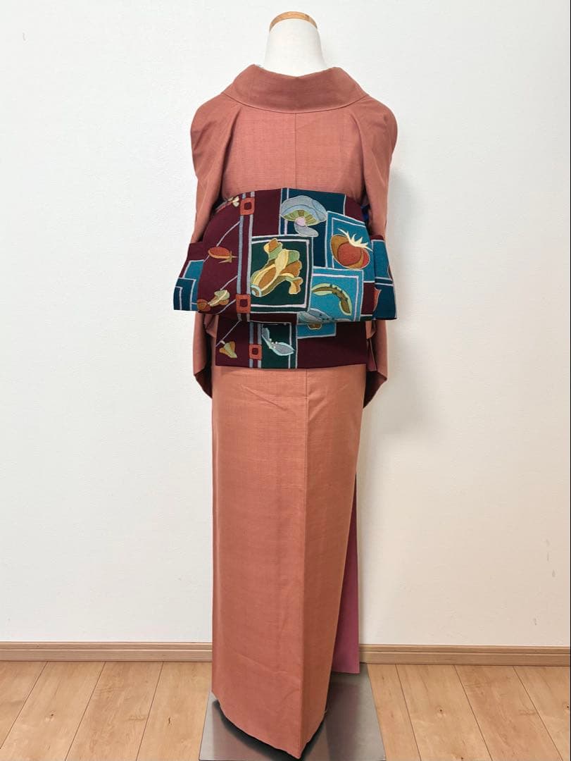 袷 紬 結城紬 浅緋色 裄67cm 無地紬 正絹 半衿おまけ付き