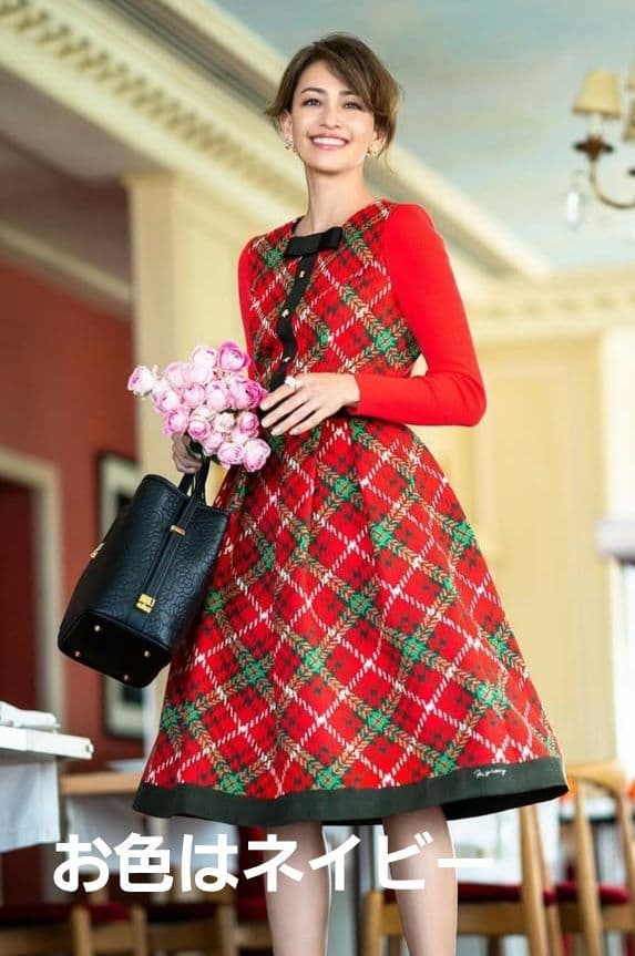 エムズグレイシー♡ワンピース 38　チェック柄　リボン　お花ボタン エムズグレイシー♡ワンピース 38 チェック柄 リボン お花ボタン