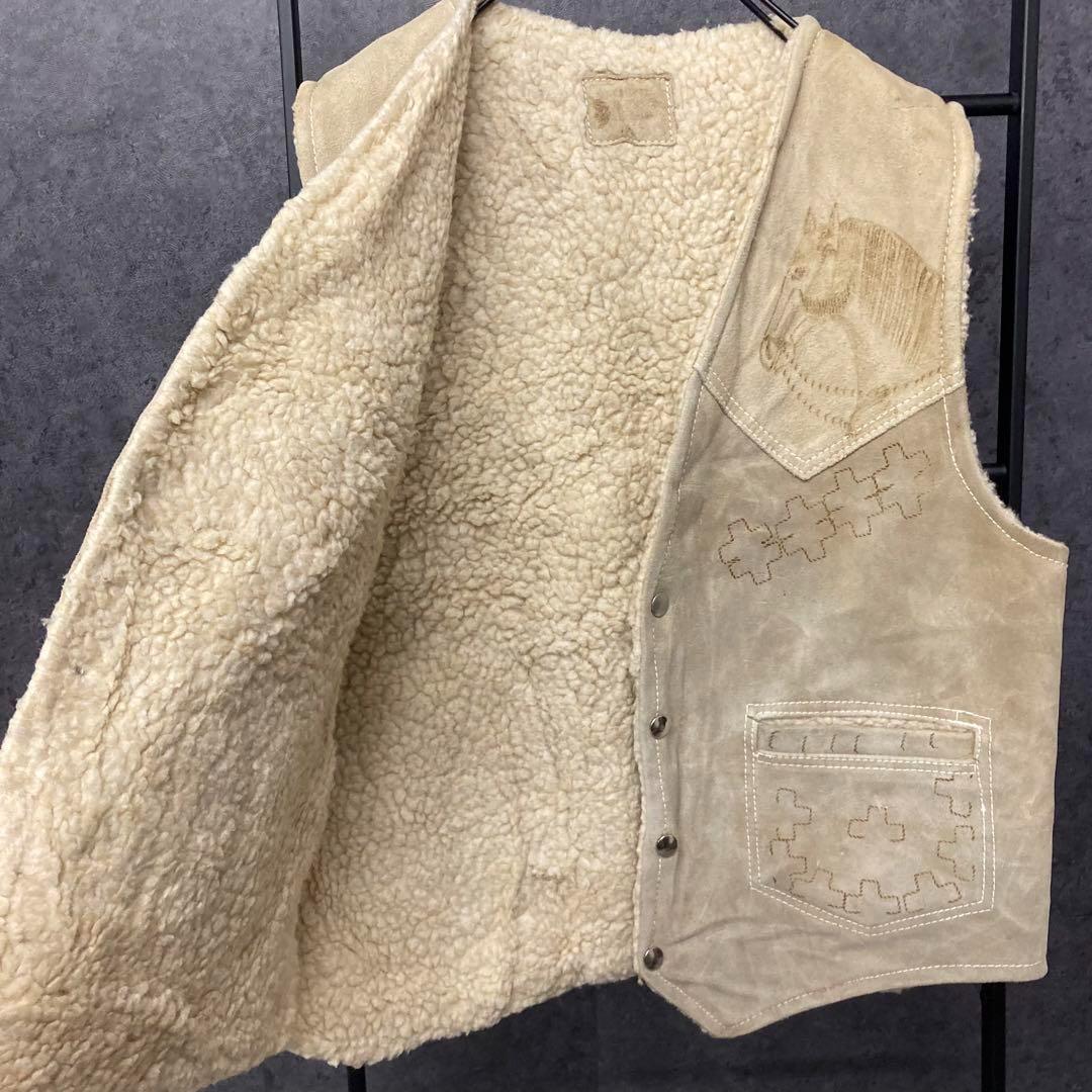 《US古着》ウエスタン ヴィンテージ レザー 裏ボア ベスト メンズM-L