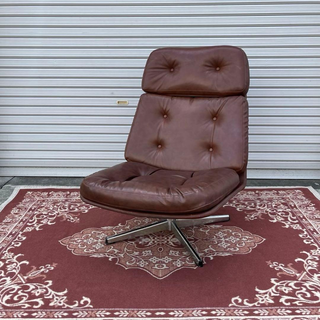 ミッドセンチュリー当時物◾️チトセ ラウンジソファー ラウンジチェア 茶ブラウン OVERMAN社 ラウンジチェア レザー 回転式 北欧 ブラック ミッド