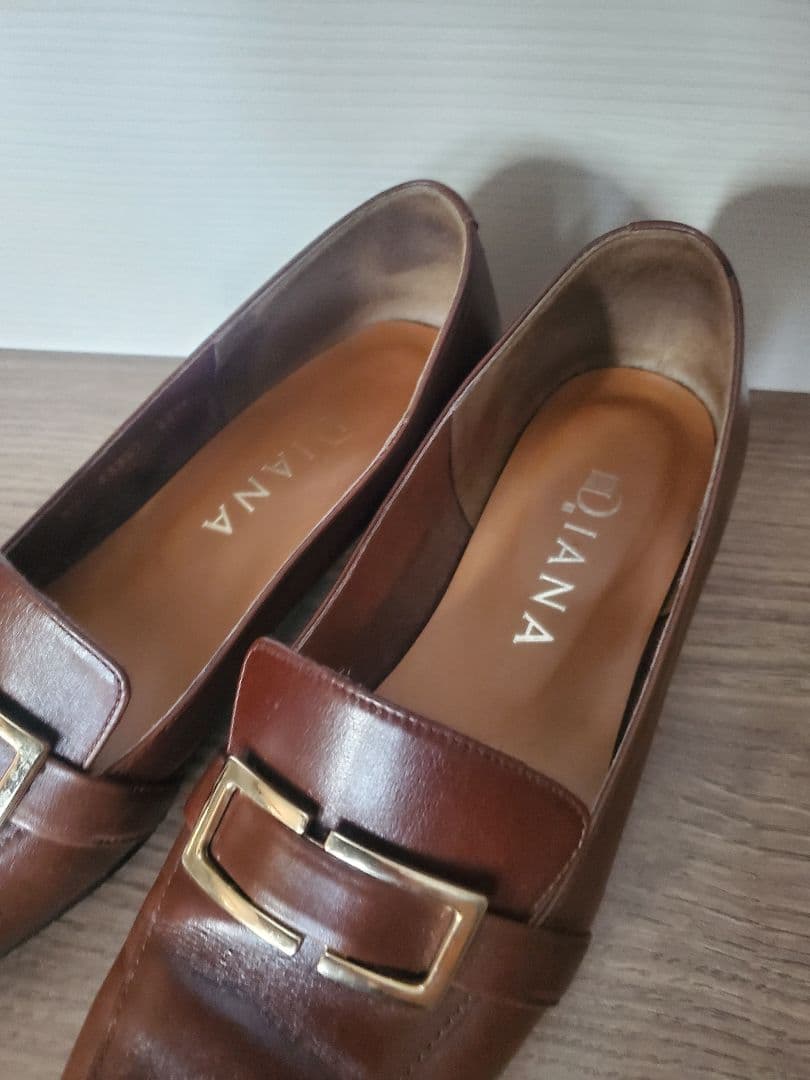 DIANAブラウン スクエアトゥローファー ゴールドバックル 23.5 革靴