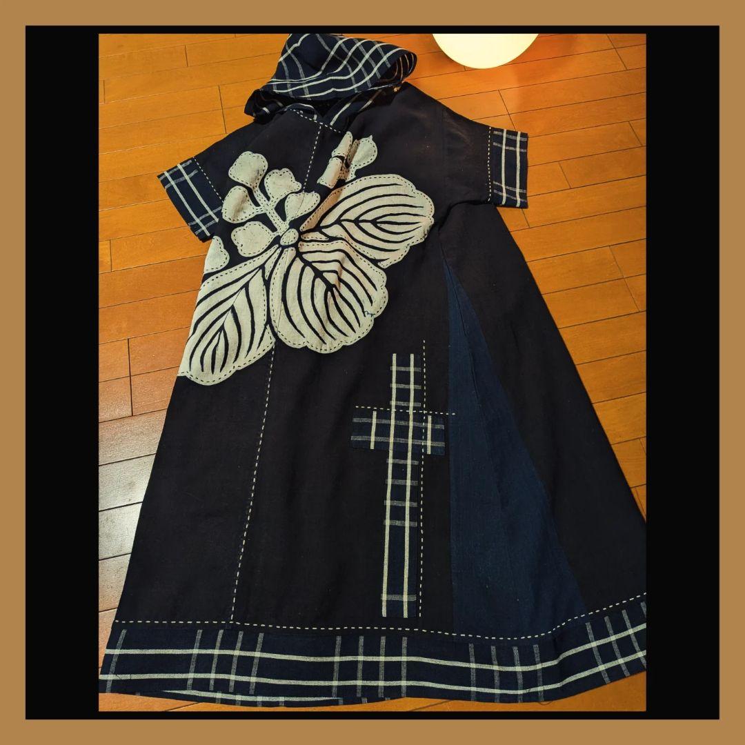 藍染家紋風呂敷♥古布リメイクワンピースフード付き 藍染古布合わせ