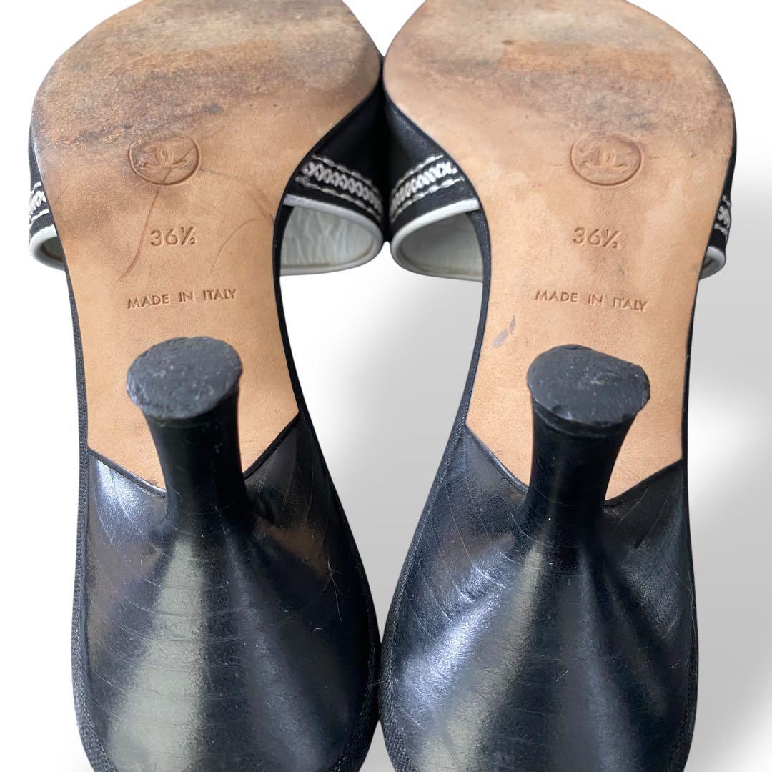 CHANEL ロゴ刺繍 ミュール 白 黒 23-23.5cm - メルカリ