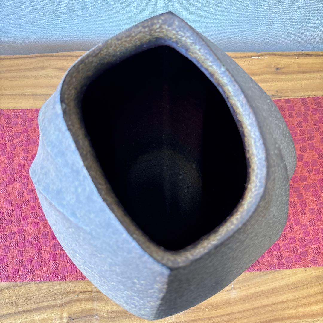 山下譲治 備前扁壷 綾線文扇壺 共箱共布栞 高さ約