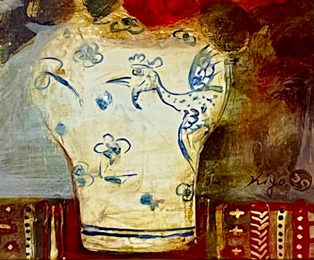 清原啓一 真作「李朝壺の薔薇」 油彩6号 サイン 裏面に題名・署名 格調