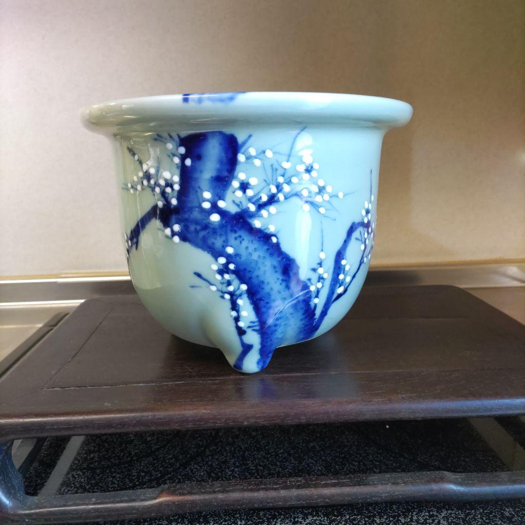 盆栽鉢、尾張焼、 瀬戸焼 、青磁、 染付 梅図 3本足、 蘭鉢 、植木鉢