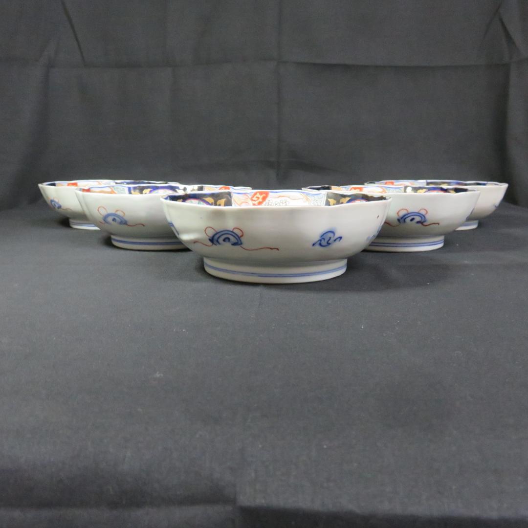 なます皿 古伊万里 5枚 色絵付 染付 江戸 松竹梅 梅と鶴 寶づくし 窯傷