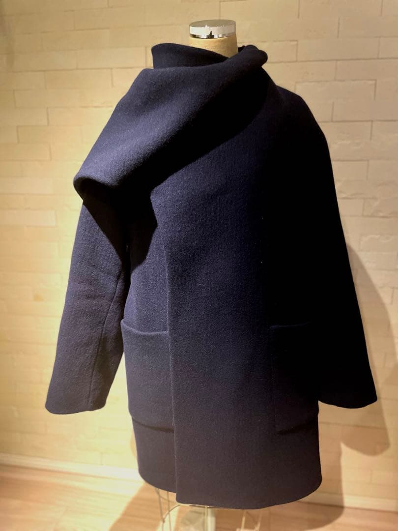 ザラ ZARA アウター ウール混紡スカーフ付きコート ネイビー - メルカリ